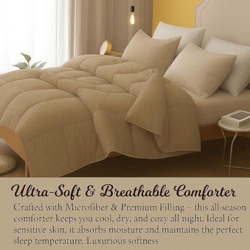 Image of Heavy Winter Bed Comforter for Single Bed - 500 GSM Ultra Warm Quilt Blanket /Rajai - Taupe - Down Alternative Microfiber Duvet Insert with Corner Ties - Winter Season Premium