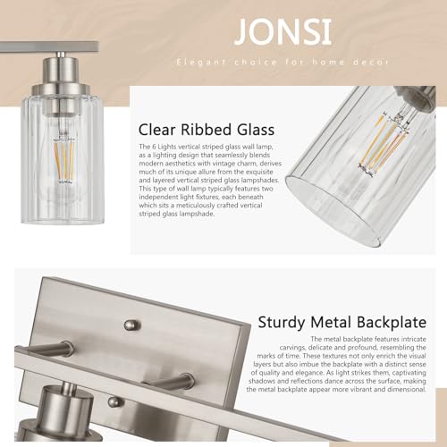 Image of Jonsi Brushed Nickel Bathroom Light Fixtures, 6-Light Brushed Nickel Vanity Light, Bathroom Vanity Light with Stripe Glass Shade, E26 Wall Sconces Over Mirror for Bathroom, Living Room, Hallway