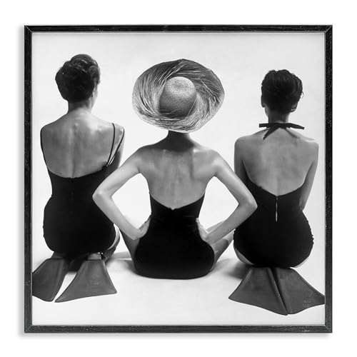 Stupell Industries 'Women Sitting Beach Monochrome Vintage Swimsuits Flippers ', Framed Giclee Art, Black, 12 x 12 Inches, Easy to Hang and Sturdy, Made in USA, by Graffitee Studios