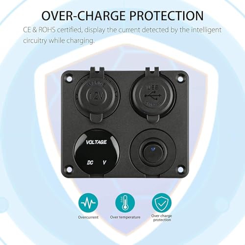 Linkstyle 4 in 1 Car Charger Panel, 4.2A Dual USB A Charger Port, Cigarette Lighter Socket with LED Voltmeter & Rocker Switch for 12V/24V Marine Boat RV Truck