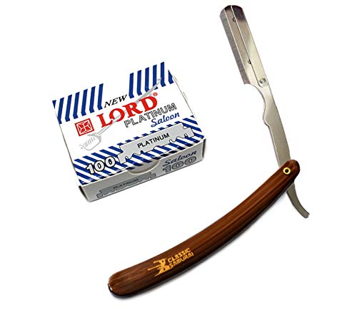 Classic Samurai Stainless Steel Professional Barber Folding Straight Edge Razor Shavette Men's Shaving Kit with 100 Count Lord Platinum Single Edge Razor Blades (Brown)