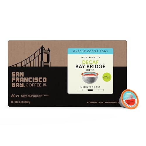 Image of San Francisco Bay Decaf K-Cup Coffee Pods, Decaf Bay Bridge Blend (80 ct), Medium Roast, Commercially Compostable Single-Serve Coffee Pods, Swiss Water Process