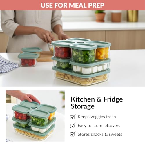Image of Nestasia Groovo Glass Containers with Lid Set of 7 (310ml x 4, 520ml x 2, 1200ml x 1) - Transparent Stackable Fridge Storage Box, Microwave & Dishwasher Safe (Green)