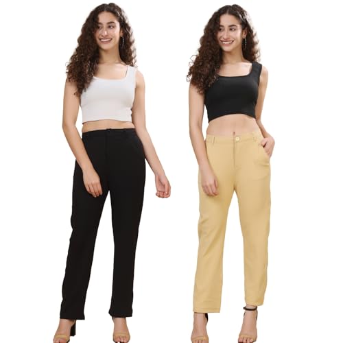 Image of Pack of 2 Women's Regular Fit Solid Cotton Blend Trousers - Soft, Breathable & Stretchable Bottom Wear for Office, Casual Outings & Daily Comfort