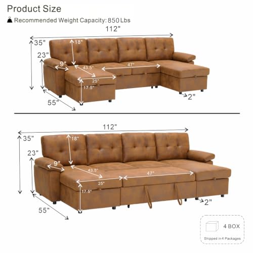 Image of KEIKI 112 inch Sleeper L Shaped Sofa with Pull Out Bed,