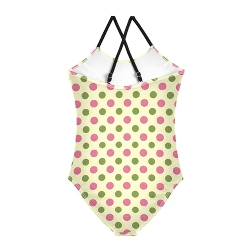 senya Girls Swimsuits One-Piece Swimwear Tie Bathing Suit Beach Summer Round Neck 4T Yellow Background Pink and Green Polka Dots Pattern2