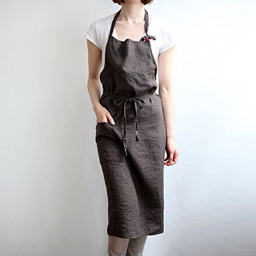 Miniatura 6 de Delantal de lino de 4 colores, unisex ajustable fácil cuidado casa simple largo delantal negro