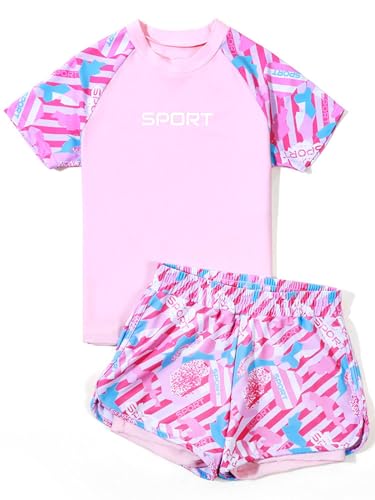 Loyan Youth Girls Rash Guard Set Beach Swimwear T-Shirt with Shorts Set Sun Protection Swimsuit Tankini4