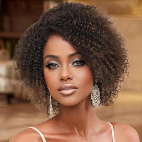 Fancy Hair Short Kinky Curly Wigs Ombre Brown Side Part Afro Wigs for Black Women Synthetic Yanky Twist Out Wig Natural Hairstyle for Daily Use (1B/30) Cover
