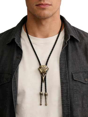 Image of Jeilwiy Bolo Tie for Men Western Cowboy Tie Necklace Gold Bolo Tie Leather Necktie Halloween Tie Accessories for Women