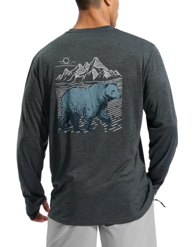 Pudolla Men's UPF 50+ Long Sleeve Sun Shirt – Grey Hiking Shirt, Large