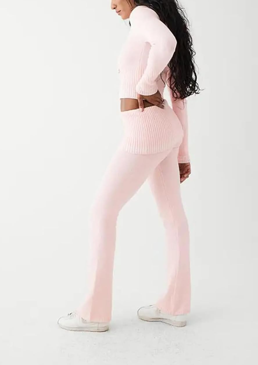 Pantaloni da donna con cappuccio elasticizzati a maniche lunghe con zip e pantaloni da salotto - Moda casual Y2k Slim Crop Top a vita alta Pantaloni skinny Abiti maglione, rosa, M