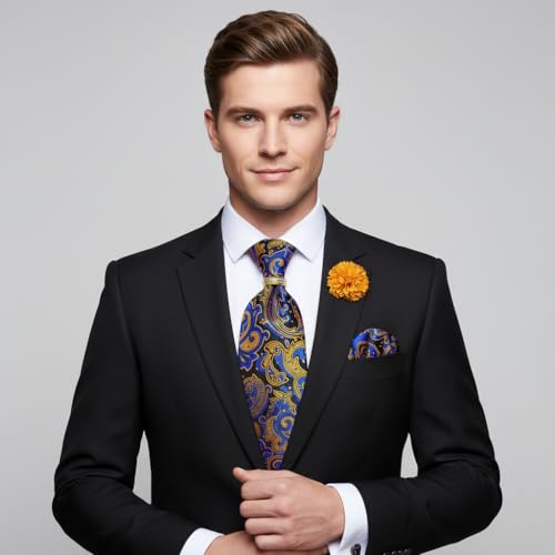 Image of 5PCS Tie and Pocket Square for Men, Silk Necktie and Handkerchief Cufflinks with Gold Ring and Lapel Pin Set