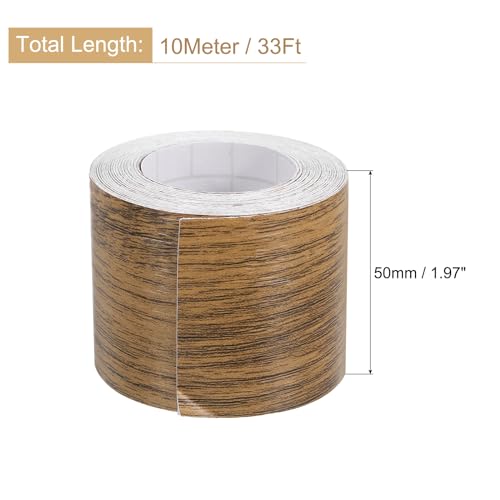 Image of uxcell 2 Roll Wood Grain Tape, 1.97 inch x33 Ft Realistic Textured Repair Tape Self Adhesive Wood Textured Patch with Tool for Floor Wall Door Table Cabinets Furniture Home Decor(Coffee Color)