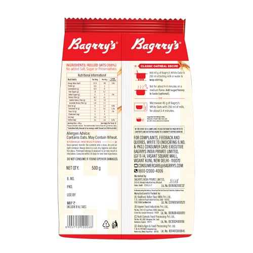 Image of Bagrry's White Oats 500gm Pouch | Natural Whole Grain | High Soluble Fibre | Protein Goodness | Helps Manage Weight & Reducing Cholesterol | Breakfast Cereal | Instant Oats (Pack of 2)