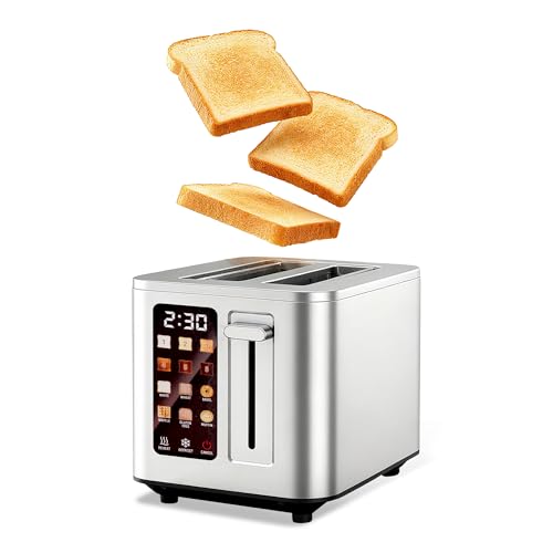 Touch Screen Toaster 2 Slice, Stainless Steel Toasters Digital Timer 2 Slot Toasters, 6 Shade Settings 6 Bread Types for Bagel,Defrost，304 Stainless