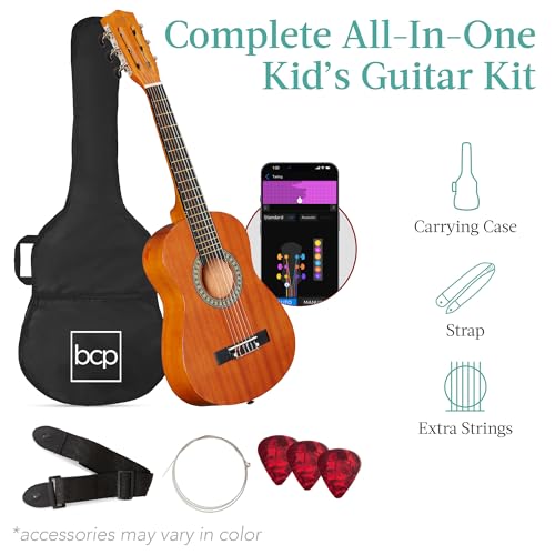 Image of Best Choice Products 30in Kids Acoustic Guitar, All-in-One Beginner Starter Kit w /Strap, Case, Extra Strings, Rosette Inlay - Natural Mahogany