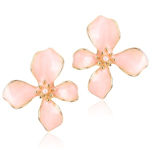Floral Earrings for Women, Imitation Pearl Petal Studs Wedding Beach Accessories Bridal Flower Earrings Delicate Jewelry Gift Bohemian Floral Studs for Women (Pink)