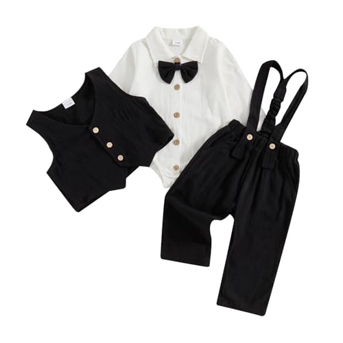 Newborn Baby Boy Dress Clothes Long Sleeve Romper Shirt Bowtie Waistcoat Suspender Pants Set Suit Fall Outfits