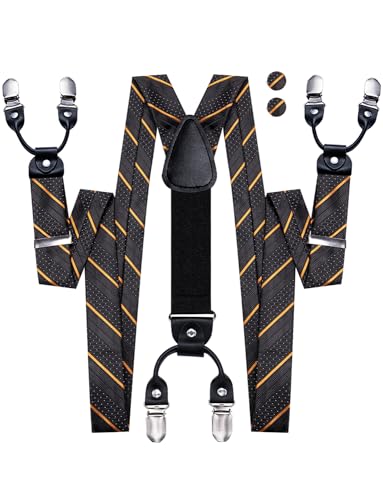 Image of Hi-Tie Men's Suspenders and Tie Set Silk Adjustable Elastic Y Braces with Strong 6 Clips Pocket Square Set