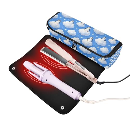 Bolsa de viaje para herramientas de cabello con tapete resistente al calor Bolsa grande para planchas de pelo para planchas planas y rizadores Bolsa azul con diseño de pingüino y nube miniatura 2