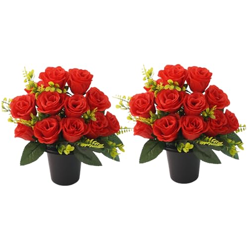 TANGPINGMAO 2 macetas para tumbas, 12 Cabezas, Rosas Rojas Artificiales, Flores de Cementerio, Flores Falsas para tumbas funerarias, Suministros para el hogar en Interiores y Exteriores
