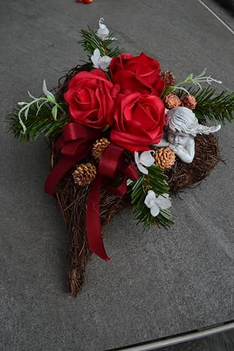 Grabgesteck Herz mit Engel Rose rot Grabschmuck künstlich Allerheiligen Trauer