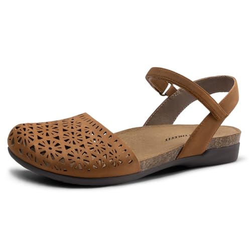Image of Athlefit Women's Closed Toe Sandals Comfort Cork Footbed Arch Support Flat Sandals