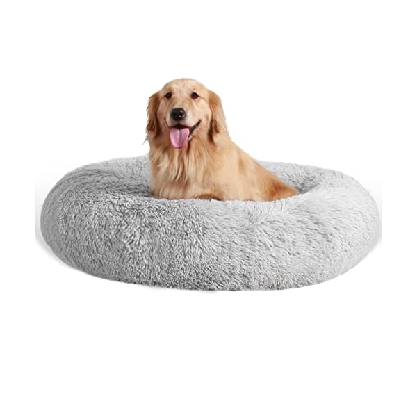 HACHIKITTY-Oval-Calming-Donut-Dog-Bed-Donut-Cuddler-Round-Dog-Bed-Cozy-Soft-Cuddler-Dog-Bed-Fluffy-Faux-Fur-Dog-Cushion-Bed-Round-Dog-Beds-for-Medium-Large-DogsX-Large-Grey Calming Donut Dog Bed - X-Large Fluffy Faux Fur Bed for Medium and Large Dogs