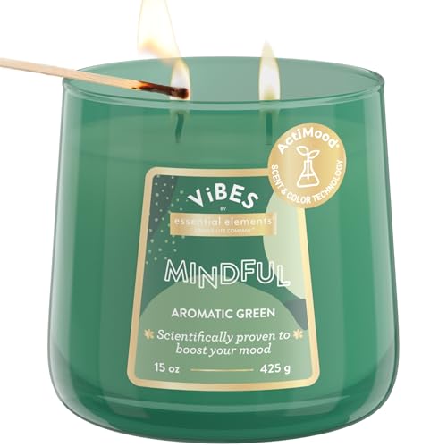Essential Elements Vibes by Candle-lite Vela perfumada de aromaterapia, 15 onzas, dos mechas, fragancia relajante, ideal para decoración del hogar y regalo, consciente (caja individual)