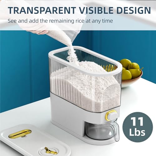 Rice Dispenser, 11Lbs-12Lbs Rice Container with Measuring Cup, Upgraded Lid Time Dials & Built-in Fresh Box Rice Container Storage for Home Kitchen Pantry Stores Rice - White Capacity 11Lbs-12Lbs by VenDotbi - Image 5