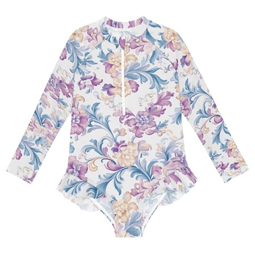 ALAZA Swimsuit for Girls Long Sleeve Rashguard Bathing Suit European Purple Flower Quick Dry 4T