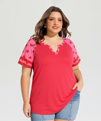 Image of CARCOS Plus Size Tops for Women Short Sleeve Summer Pullover Color Block Crewneck /V Neck Tee Tunic Loose Fit Tshirts XL-5XL