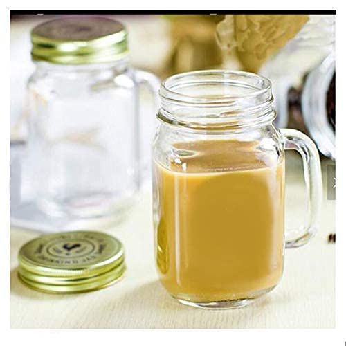 Image of 500 ml Glass Mason Jar, Juice Soft Cold Drinks Mason Mug with Handle and Green Apple Lid and Straw, Transparent (2)