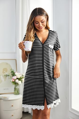 Image of Ekouaer Women Striped Nightgowns Button Down Sleepshirts Short Sleeves Nightshirts