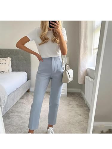 Women's High Waist Straight Leg Pants - Light Blue Office Trousers with Zipper Fly Vintage Style Comfort Fit3