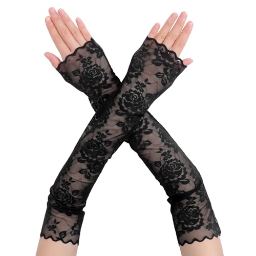 Schwarz Spitzen Handschuhe, Fingerlose Handschuhe Damen, Brauthandschuhe Lange Damenhandschuhe für Hochzeit Braut Oper Kleidungs Teepartys