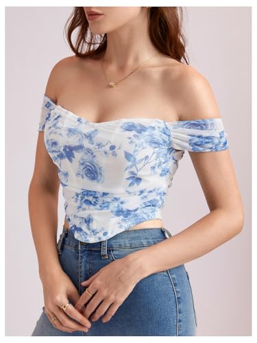 Image of Floerns Women's Off Shoulder Short Sleeve Asymmetrical Hem Ruched Corset Crop Top