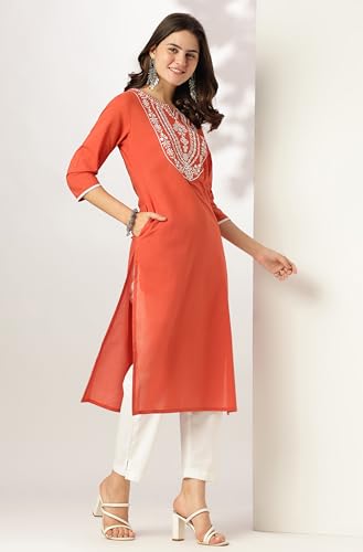Image of Janasya Women's Pure Cotton Yoke Embroidered Straight Kurta