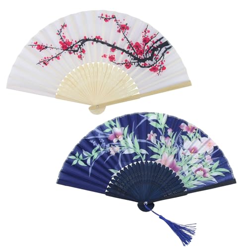 tinshow Set of 2 Handheld Silk Folding Fans, Foldable Chinese Japanese Vintage Bamboo Silk Fan Black and White Imitation Silk Fabric with Hollowed Plastic Handle Elegant Accessory and Home Decor