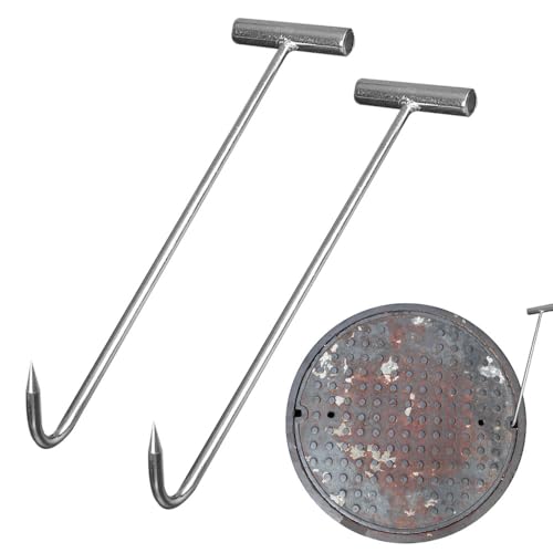 Vmxlso 2 Stück T-Haken Kanaldeckelheber - 30cm Schachtdeckelheber aus Edelstahl Gullideckel Hebewerkzeug Silber Schwer für Aufhängen von Schweren