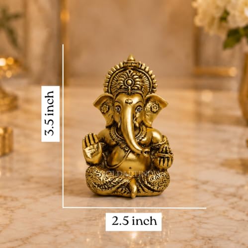 Image of Gold Art India Lord Ganesha 24K Gold Plated Idol | Antique Matte Finish | Premium Peacock Green Velvet Gift Box | Ganesh Murti for Home Temple, Office Desk & Car Dashboard | Luxury Spiritual Gift