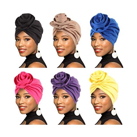 6Packs Women Turban African Pattern Headwrap Beanie Pre-Tied Bonnet Chemo Cap Hair Loss Hat, Colour02, One Size Cover