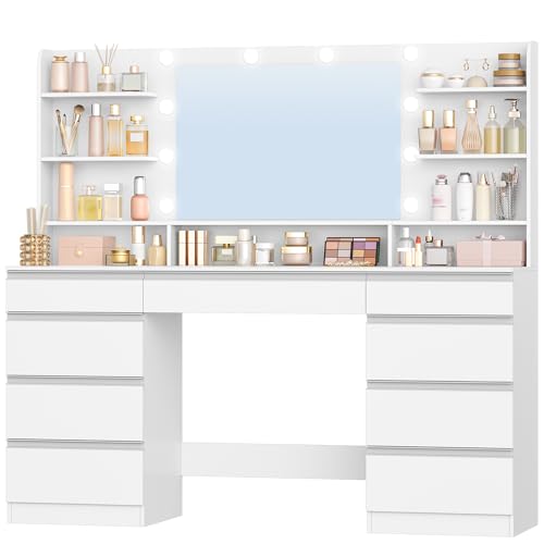 Hzuaneri Grande Coiffeuse avec Éclairage LED, 10 Boules Lumineuses LED, 3 Couleurs, Luminosité Réglable, Miroir, 9 Tiroirs, 9 Étagères Ouvertes,...