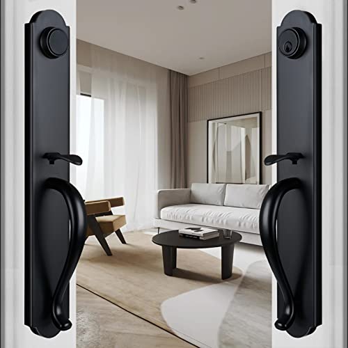 Hisafe Double Door Keyed Handle Set For Front Door, Matte Black Heavy Duty Exterior Deadbolt And Lever,Reversible For Right And Left Handed #TOP1