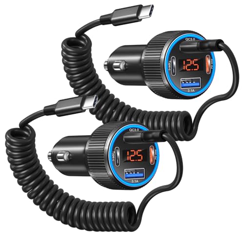 Car Charger for iPhone 16 15 Pro Max, Besgoods Cigarette Lighter USB Charger 4-Port USB C Car Adapter Voltmeter with 3ft Coiled Retractable Type C Cable Fast Charging for Galaxy S24 A15 Android, 2Pack