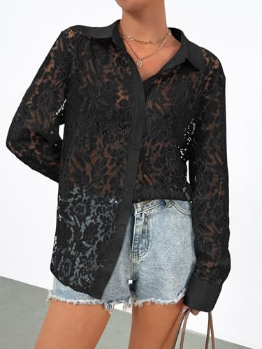 MEROKEETY Women's Lace Long Sleeve Tops Dressy Casual Blouse Button Down Sheer Elegant Summer Shirts2