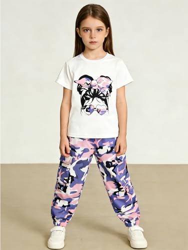 Image of Girls 4 Pieces Outfits Short Sleeve Printed Tee Tops and Pants Set 4-12Y