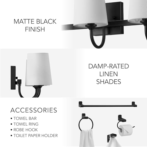 Image of Globe Electric 63000206 5-Piece All-in-One Bathroom Set, 3-Light Vanity Light, Matte Black, Linen Shades, Towel Bar, Robe Hook, Toilet Paper Holder, Towel Ring, Bathroom Lights Over Mirror