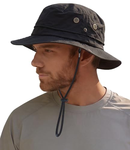 Hat Hut Sonnenhut für Herren Wasserdichter Fischerhut LSF 50+ breite Krempe Regenhut Outdoor Bucket Hat Wandern Allwetter (DE/NL/SE/PL Alphanumerisch Einheitsgröße Schwarz)